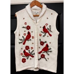Kim Rogers Holiday Vest Petite Large Cardinal Beaded Embroidered Faux Fur Collar